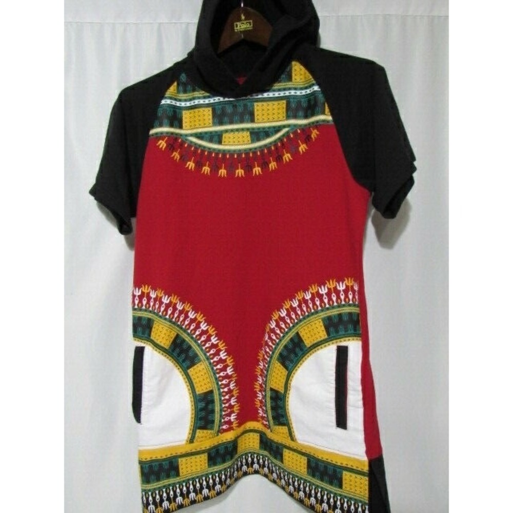 Huge New York Collection Sz L Pocket Short Sleeve Hoodie African Style Shirt Red